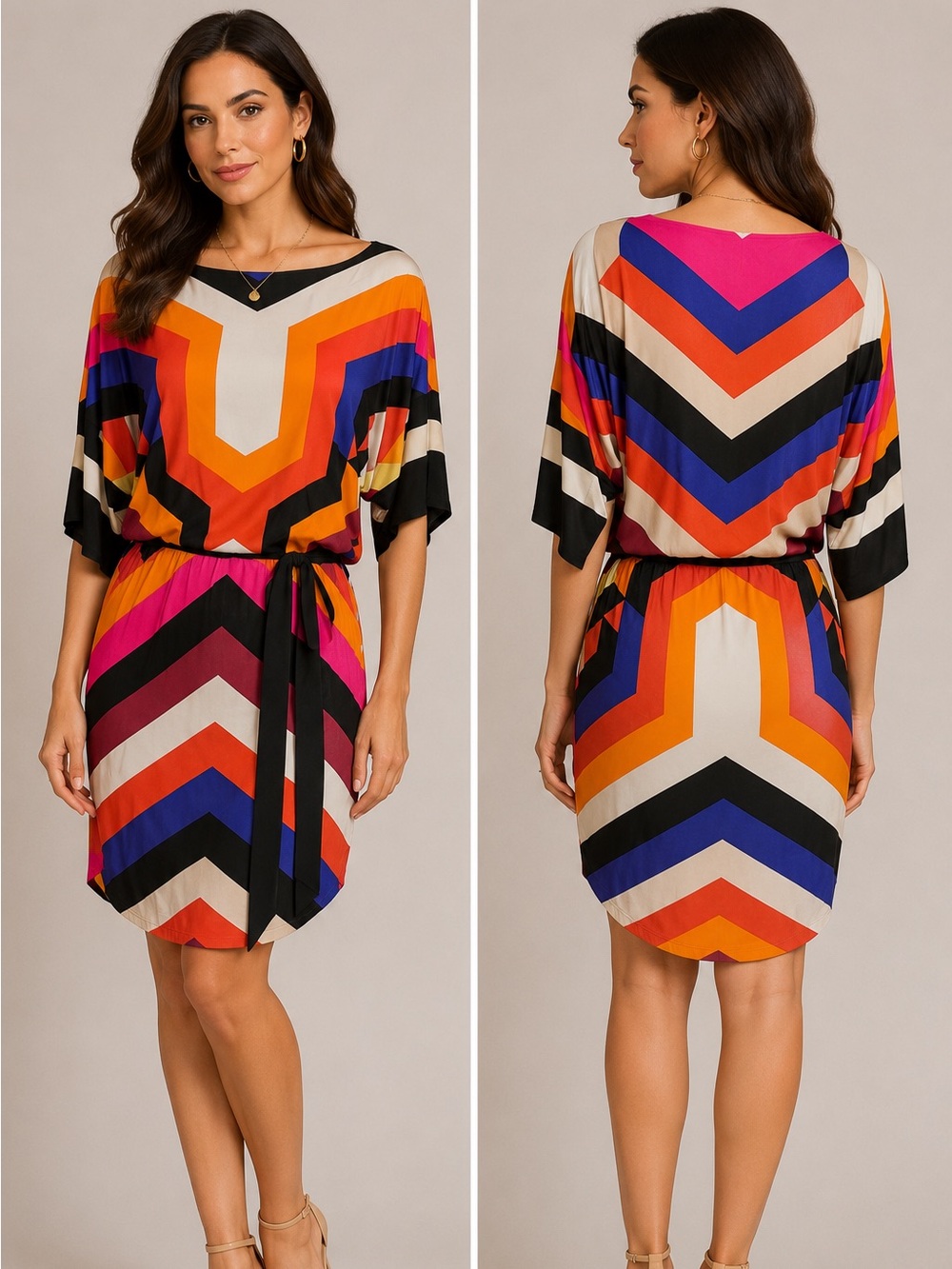 Trina Turk Geometric Print Blouson Dress Size 4 Colorblock Jersey Tie Waist